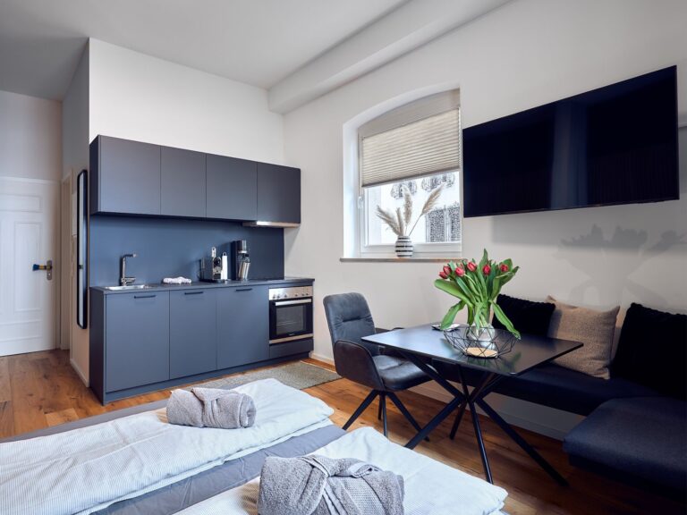Seeglueck Hafenblick Konstanz Bodensee Appartementansicht mit Kuechenzeile Schlafbereich Wohn und Essbereich