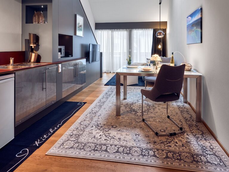 Seeglueck Seediamant Konstanz Bodensee Appartementansicht Kuechenzeile Essbereich Wohnbereich mit Multimedia TV
