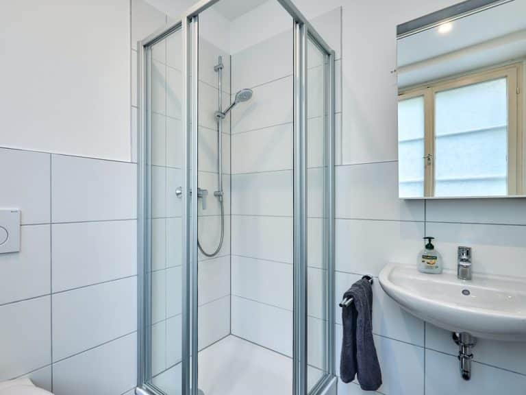 seeglueck | Münsterzauber | zentral 12 Ebenerdige Glasdusche und Waschbecken im hellen Badezimmer der Ferienwohnung Münsterzauber