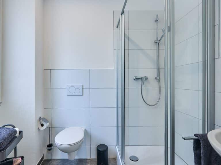 seeglueck | Münsterzauber | zentral 13 Wandhängendes WC und Glasdusche im hellen Badezimmer der Ferienwohnung Münsterzauber